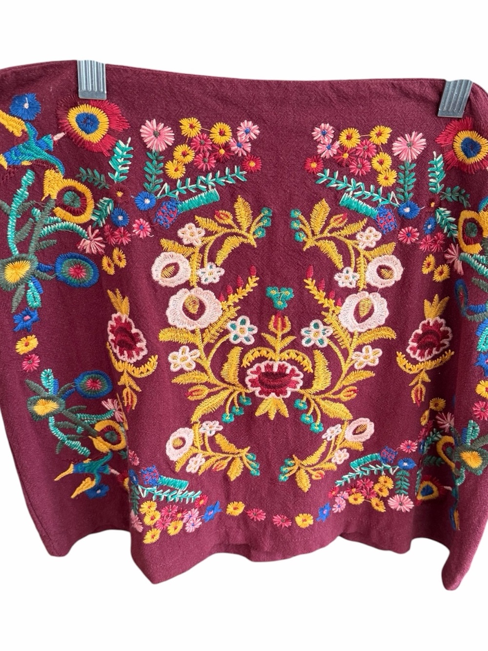 Umgee Embroidered Mini Skirt Women's Size Large  Burgundy Bird Floral Boho